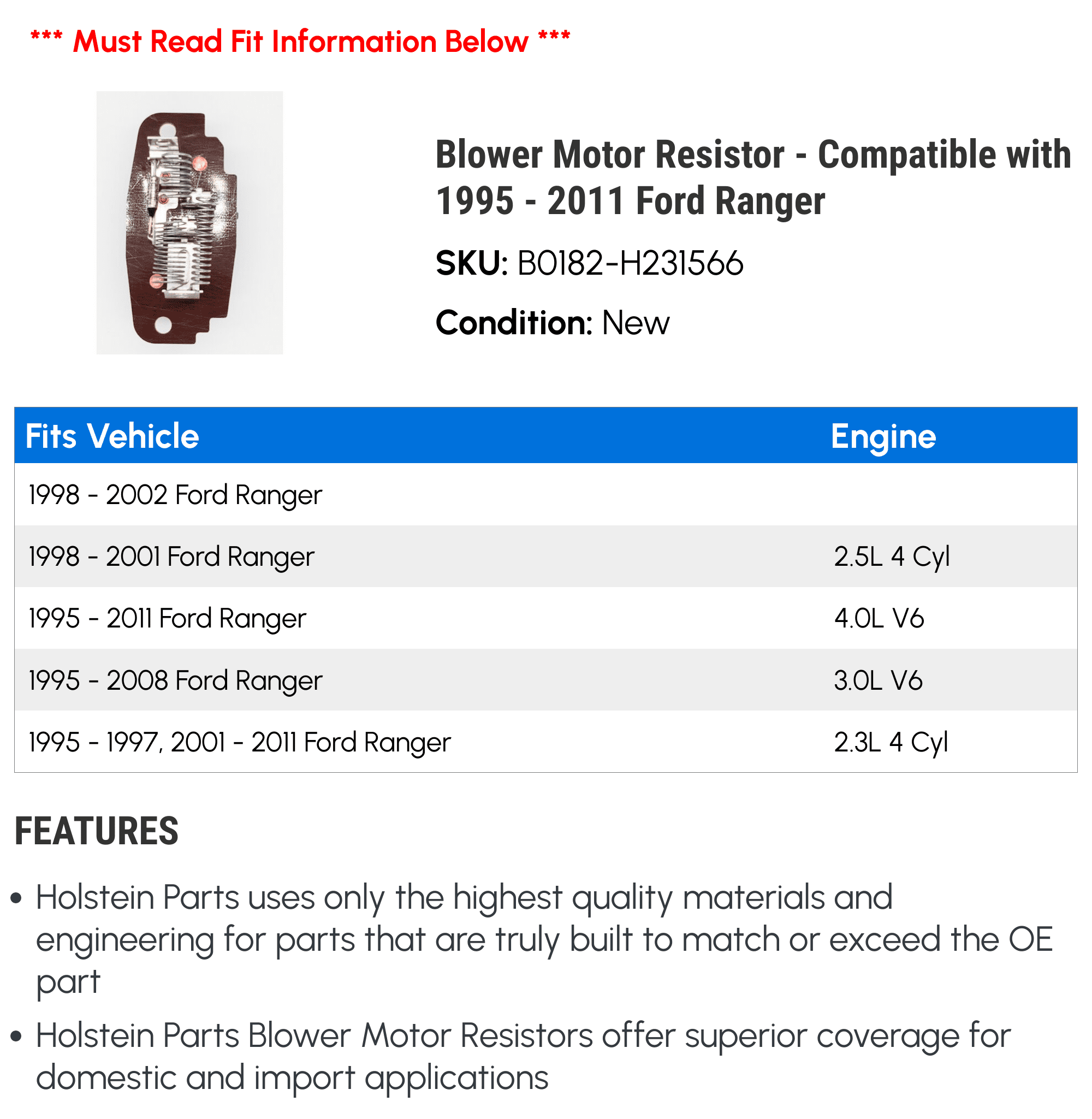 Blower Motor Resistor - Compatible with 1995 - 2011 Ford Ranger - Holstein