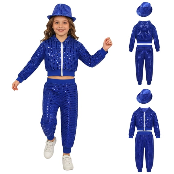 iiniim Girls Boys Sequin Jazz Hip Hop Dance Performance Hooded Jacket Top with Pants and Hat Outfits Blue 4-5