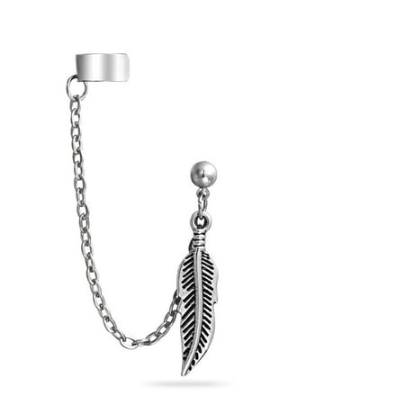 Bling Jewelry Stainless Steel Feather Dangle Chain Ball Stud Stainless Steel Feather Dangle Chain Ball Stud Earring Ear Cuff