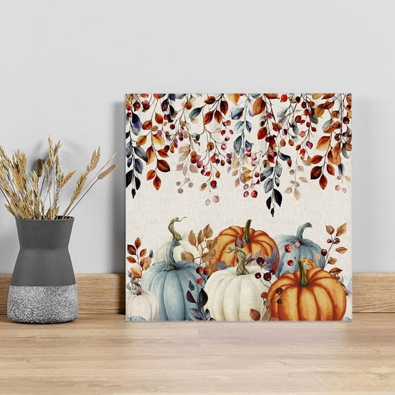 Orange Blue Pumpkins Wall Art Painting on Canvas, Thanksgiving Fall Leaves Farmhouse Canvas Art Home Prints Wall Art Framed Modern Artwork for Living Room Bedroom Wall Decor 16x16in