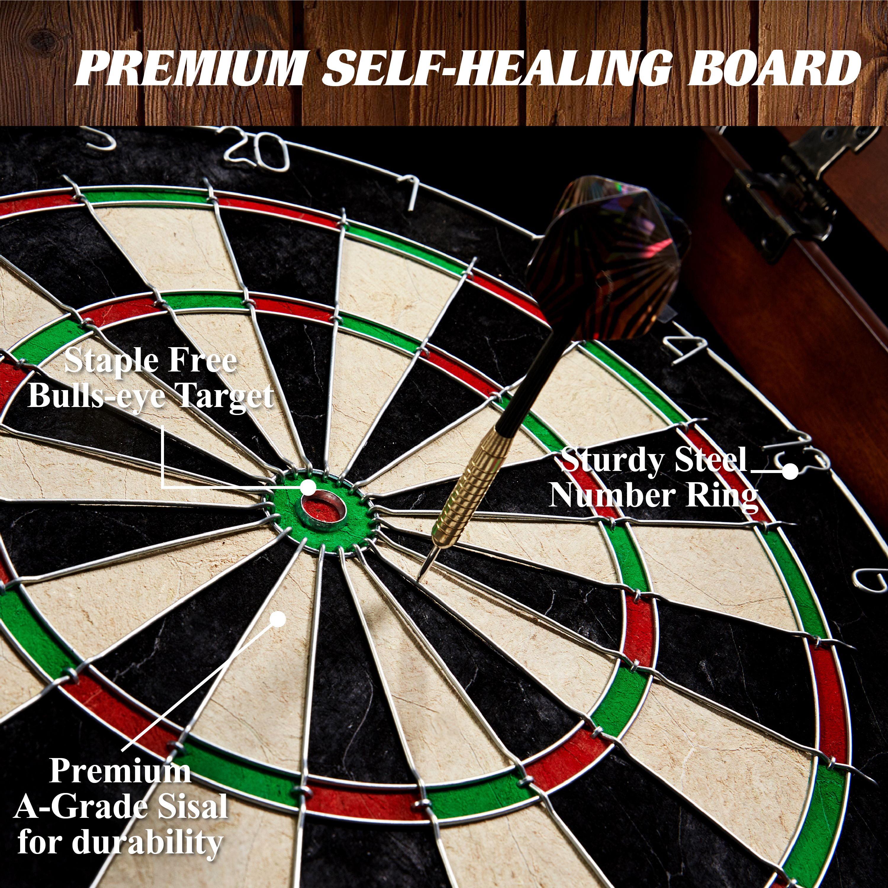 Chatham Wood Dartboard Cabinet with 18” Bristle Dartboard and Steel Tip Dart Set by Barrington Billiards