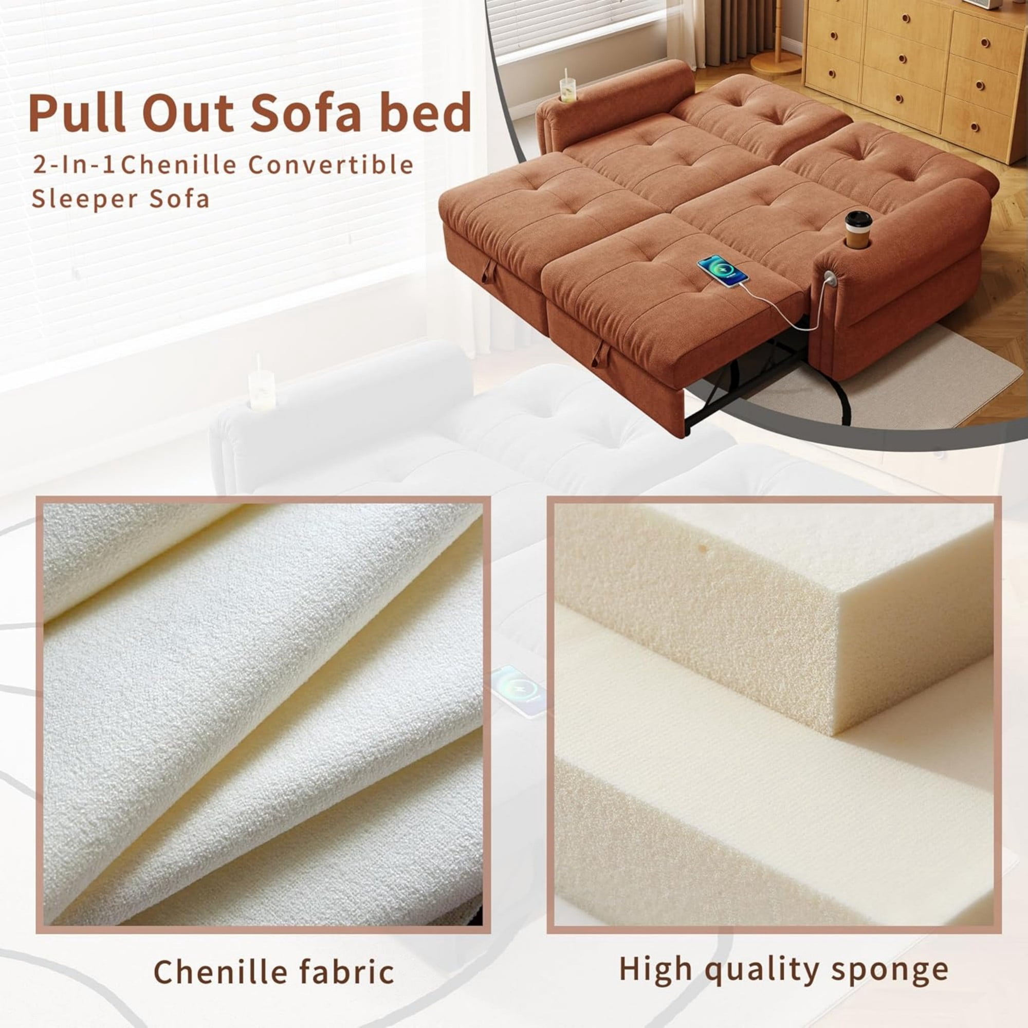 LLappuil 77" Pull Out Sofa Bed Queen Size, Loveseat Sofa Convertible Sofa Bed with USB Port Cupholders, Chenille Sofa Couch for Living Room Orange