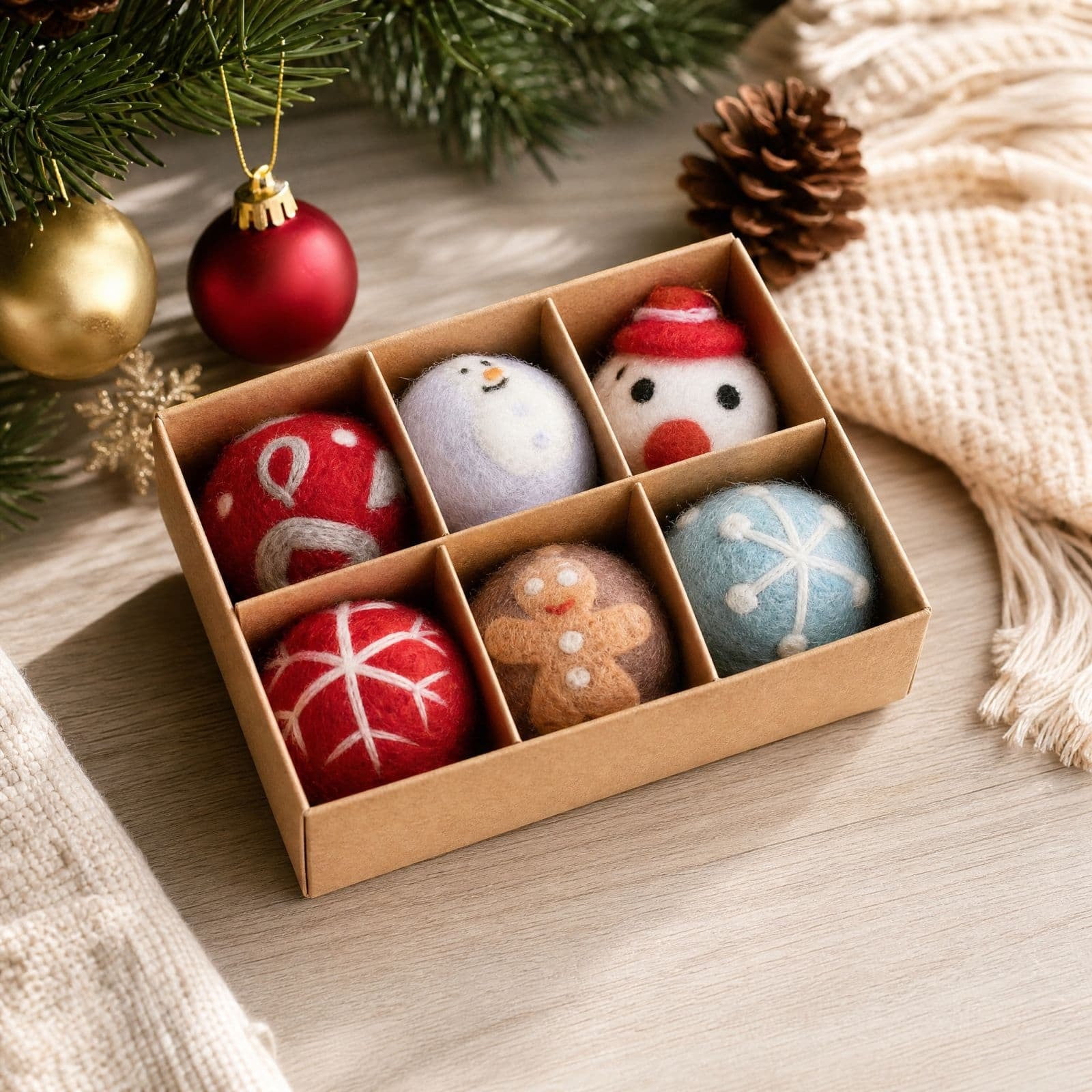Christmas Wool Ball Ornaments Soft Felt Hanging Decorations With Snowman Gingerbread and Snowflake Designs Holiday Tree Accents for Wreath Mantel Shelf Window and Home Decor