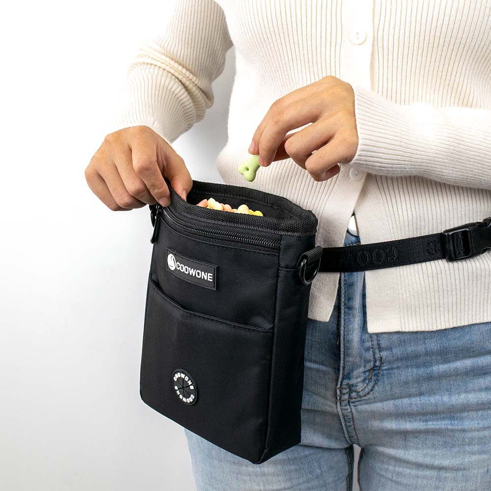 Dog Treat Pouch Pet Training Cross Body Bag, Magnetic Closure Dog Walking Fanny Pack Built-in Poop Bag Dispenser, Adjustable Shoulder Strap (Dog Leash) and Waist Belt (Dog Collar)
