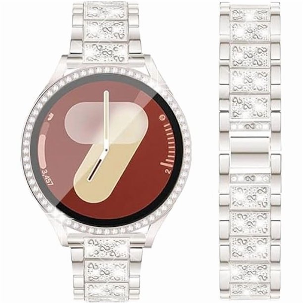 Chenchen Bands and Tempered Glass Case Compatible with Samsung Galaxy Watch 7 / FE / 6/5 / 4 40mm 44mm, 20mm Bling Diamond Metal Strap with Full Protective Case Screen Protector Cover for Women Men