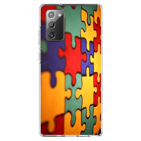 DistinctInk Clear Shockproof Hybrid Case for Galaxy Note 20 ULTRA (6.9" Screen) - TPU Bumper, Acrylic Back, Tempered Glass Screen Protector - Red Blue Yellow Puzzle Pieces - Austism Awareness