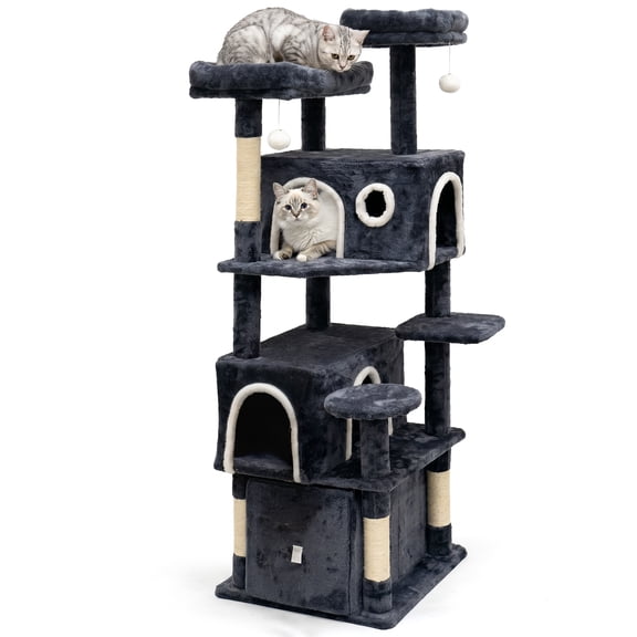 64″ Cat Tree with 2 Condos & Top Platform & Scratching Posts & Storage, Dark Grey