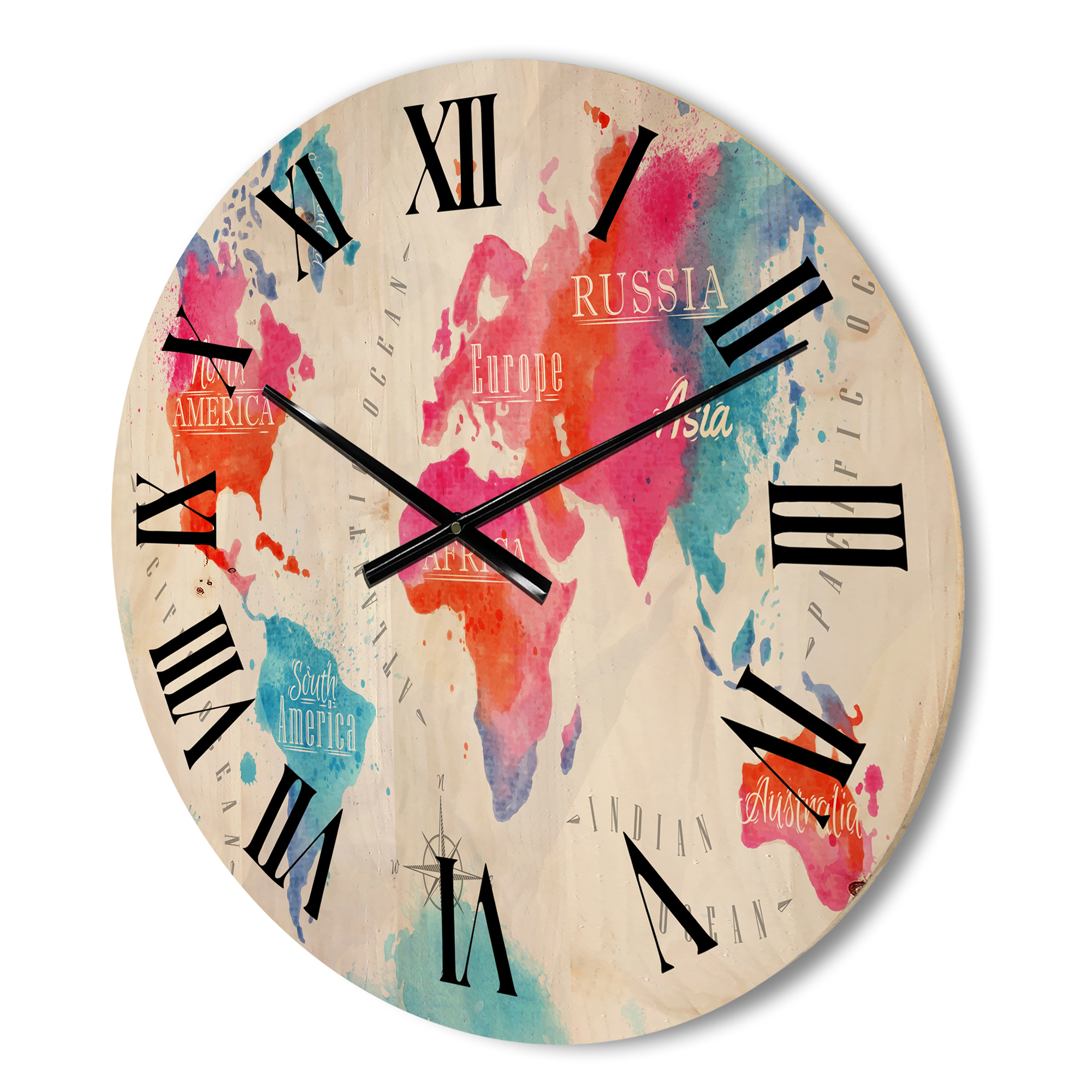 Designart 'World Map In Blue and Pink' Modern Wood Wall Clock
