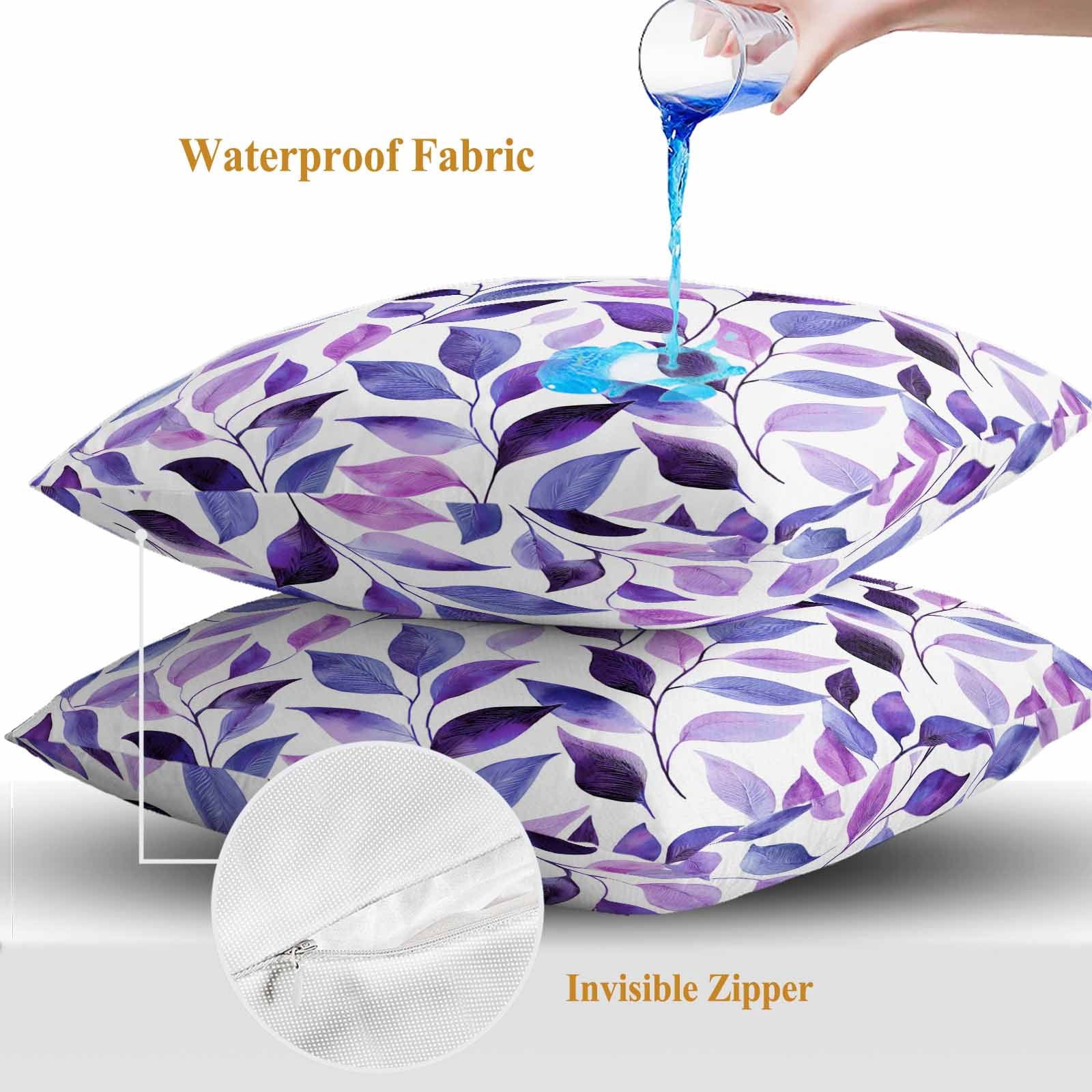 Outdoor Waterproof Throw Pillow Covers Set of 2 Purple Leaves Decorative Pillowcases Square Outdoor Pillows Cushion Case 16x16 Inch Spring Leaf Plants Patio Pillows for Couch Sofa Bed Garden