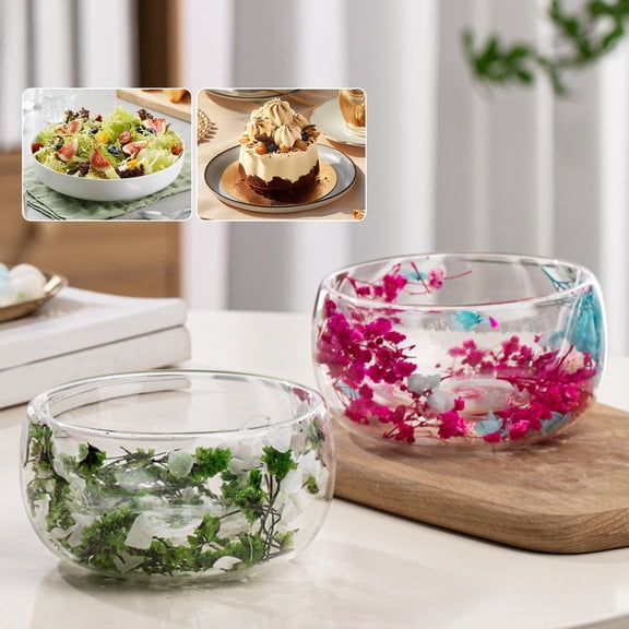 Queroig 300ml Glass Bowl Double Walled Borosilicate Glass Bowl with Dried Flowers Artistic Decorative Soup Dessert Serving Bowl