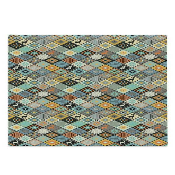 Tribal Cutting Board, Prehistoric Culture Composition with Different Motifs Elk and Bulls Folk Mosaic, Decorative Tempered Glass Cutting and Serving Board, Large Size, Multicolor, by Ambesonne