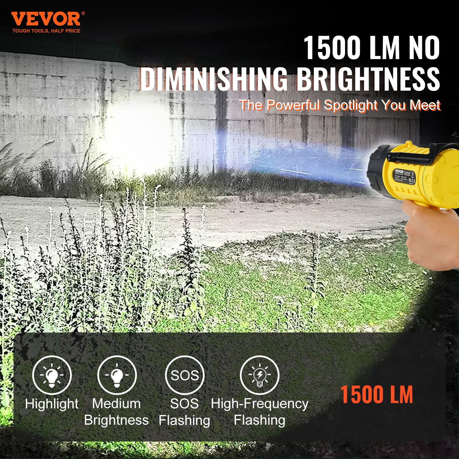 VEVOR Rechargeable Spotlight Flashlight, 1500 Lumens, IP67 Waterproof Handheld LED Spot Light, Super Bright Portable Searchlight with 4 Modes Detachable Lens USB Port, for Hunting Boating Camping