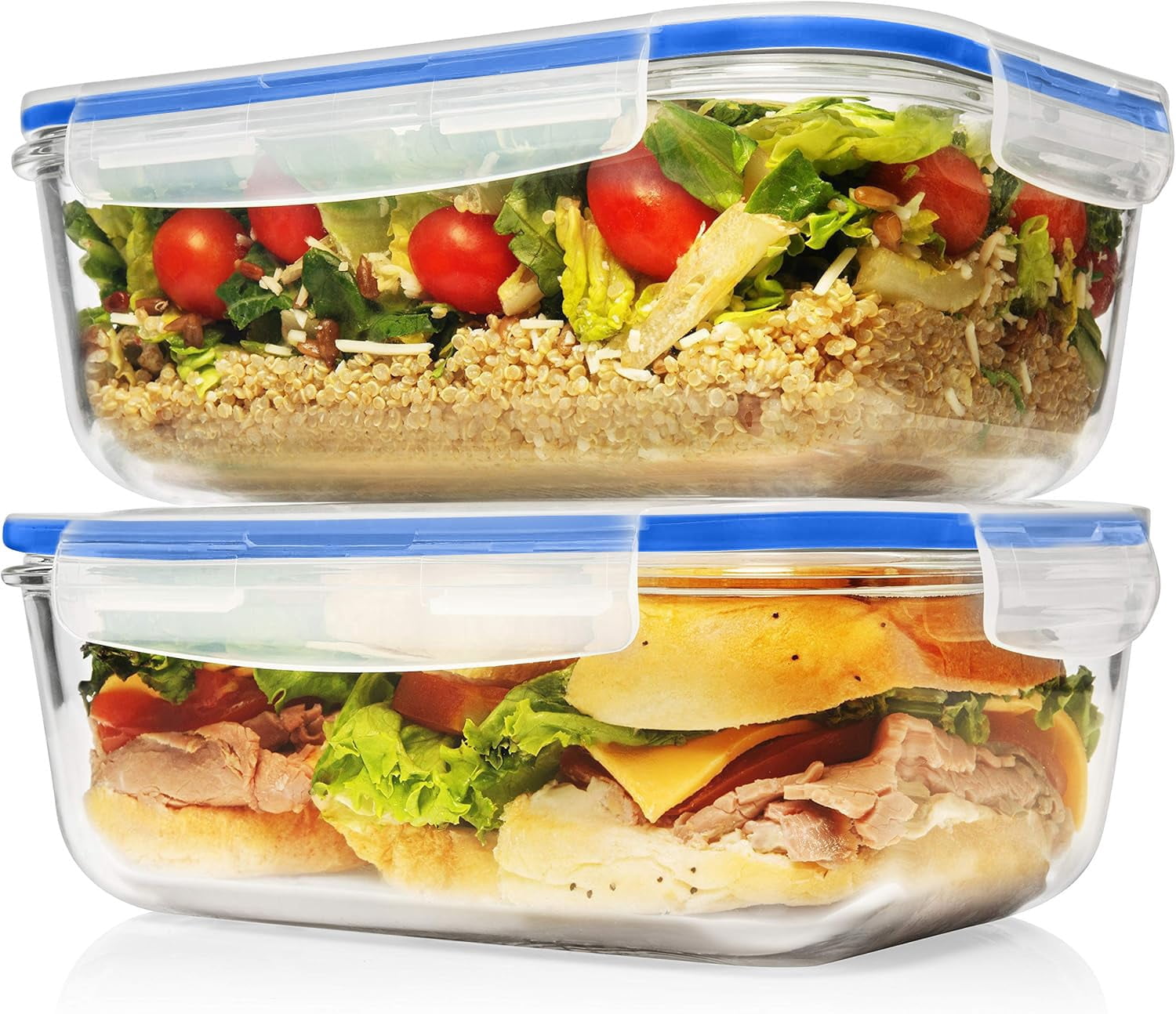 Blue 4 Piece 1860ml Large Glass Food Storage Containers with Lids for meal prep and leftover storage