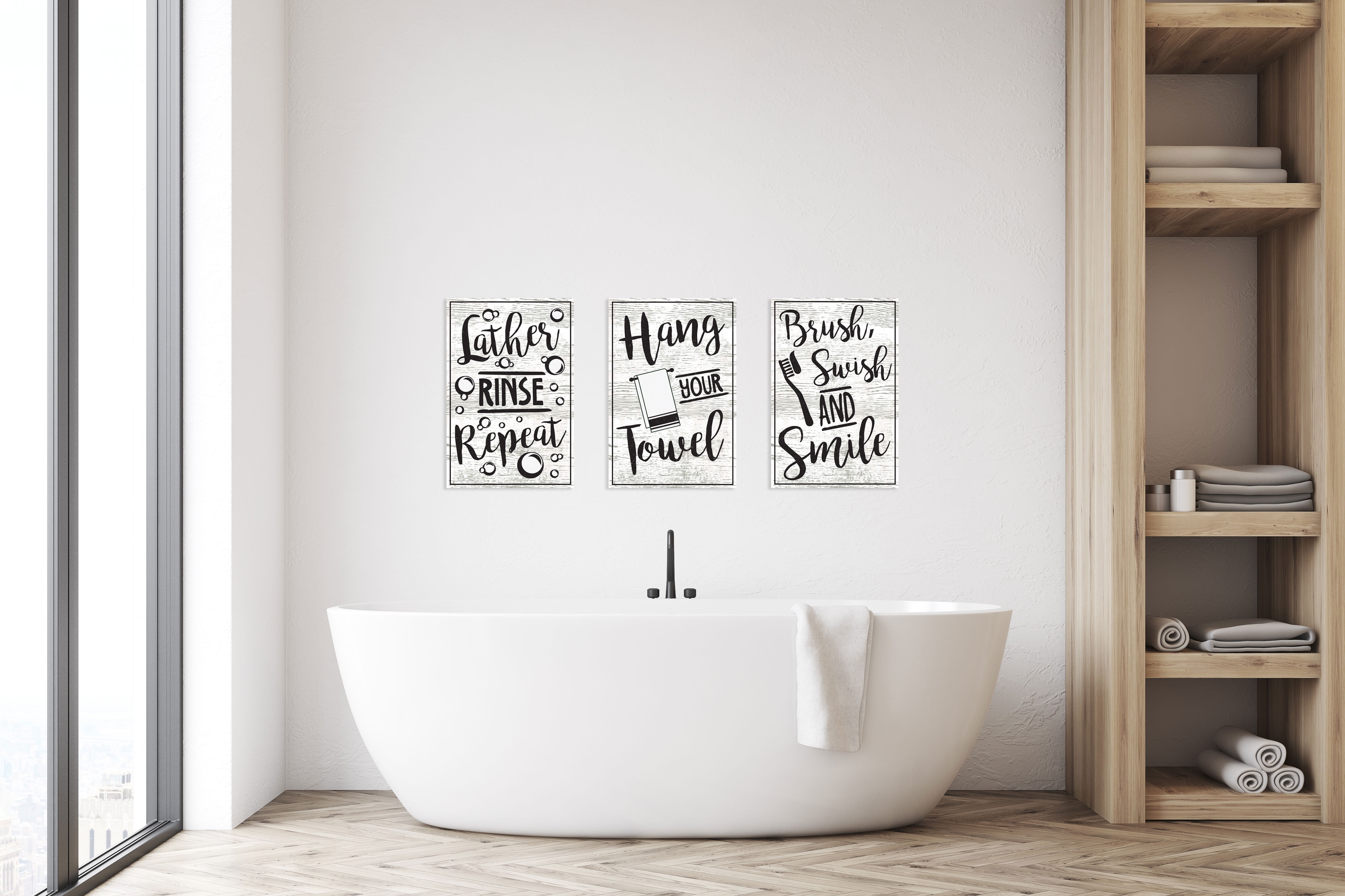 Gango Home Decor Bathroom Rules Typography Wall Art; Three Black
