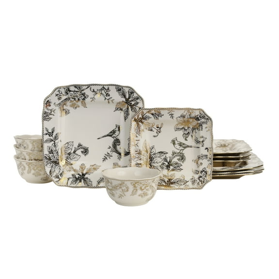 222 Fifth Christmas Lane Electroplate 12-Piece Dinnerware Set for 4, White/Gold Fine China Dish Set