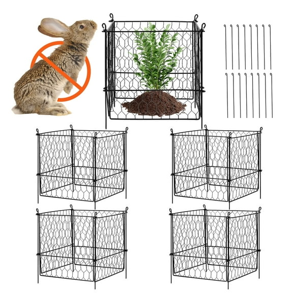 KFFKFF 4 Pack Plant Protectors, 13.4'' x 13.4'' Wire Mesh Covers for Outdoor Plants, Flowers, Vegetables, Shields Against Rabbits, Chickens, and Squirrels, Includes 16 Metal Mesh Panels