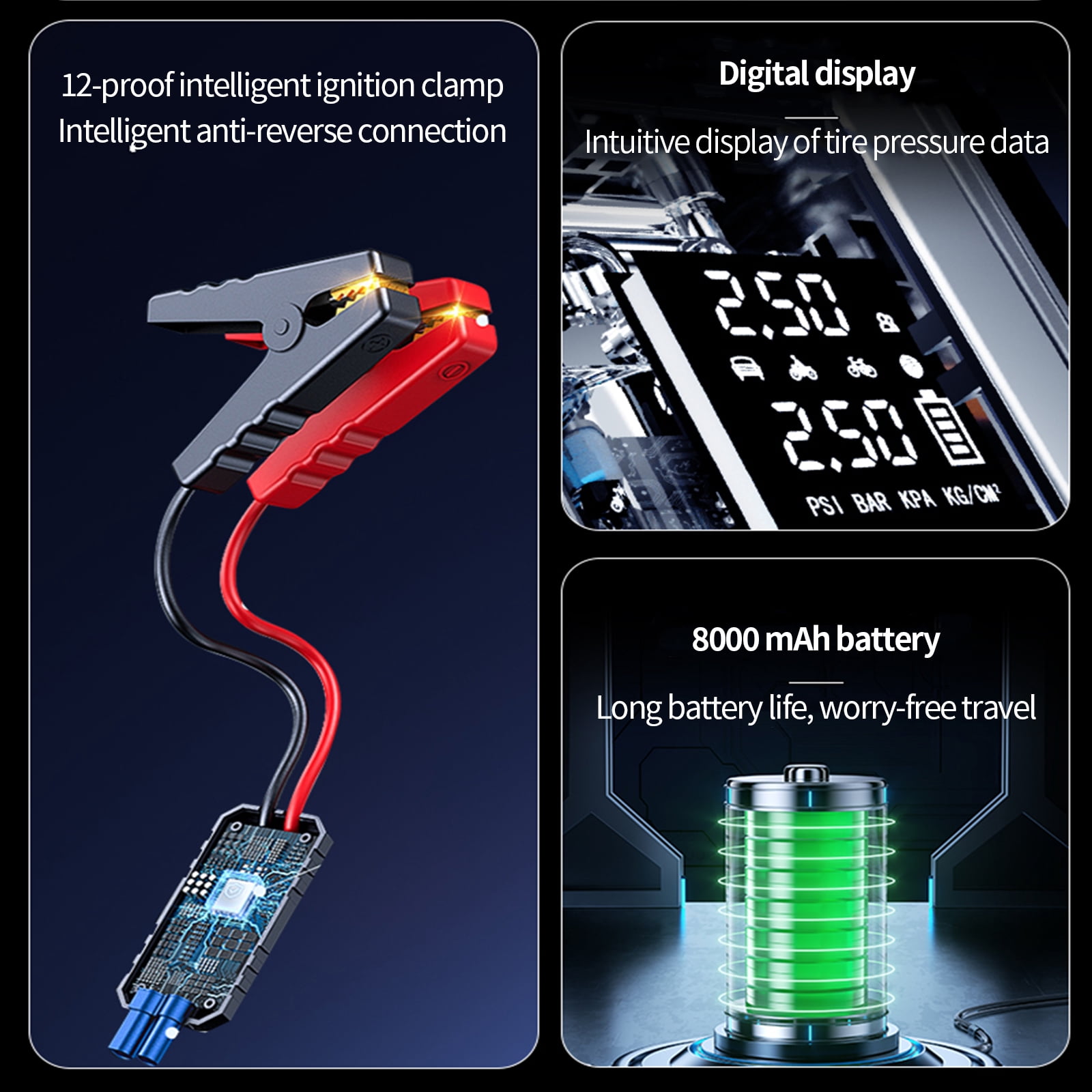 Yaoinaoou QB09 Car Jump Starter & Air Compressor - 8000mAh Portable Power Bank, 10Bar Digital Tire Inflator with LED Light, Battery Booster for Cars, SUVs, Motorcycles