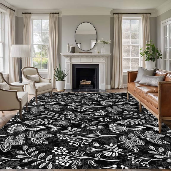 Area Rug for Living Room, Dandelion Non-Slip Indoor Large Carpet for Bedroom/Dining Room, Modern Minimalist Abstract Flowers Black Washable Low-Profile Rectangle Floor Runner Rugs - 5 x 7 Ft