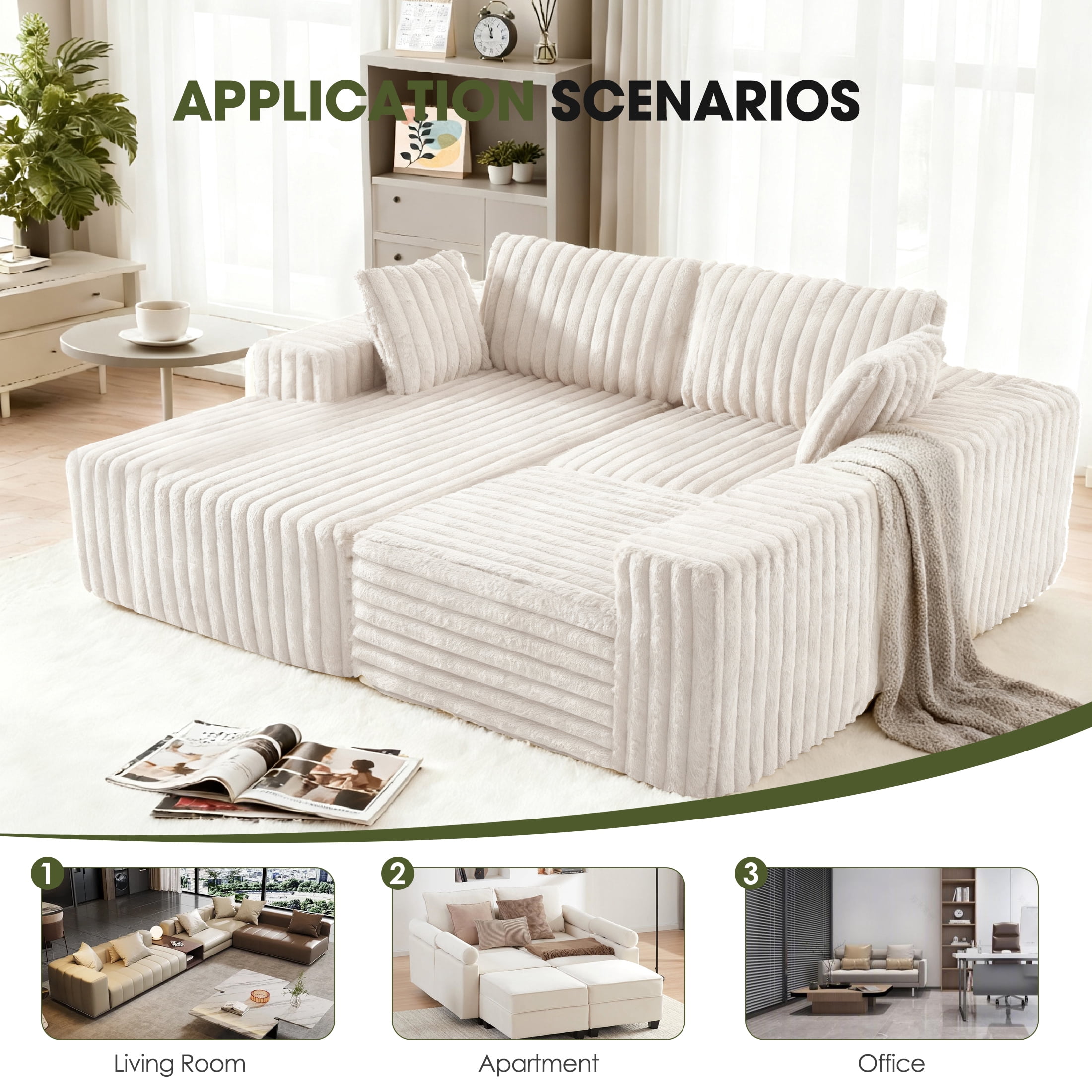 Techmilly 113” Cloud L-Shaped Sectional Couches,Modular Sofa with Deep Seat, Sponge Compression Sofas,Modern Modular L-Shape Sofa Couch with Chaise for Living Room Bedroom (White, Left Facing Chaise)