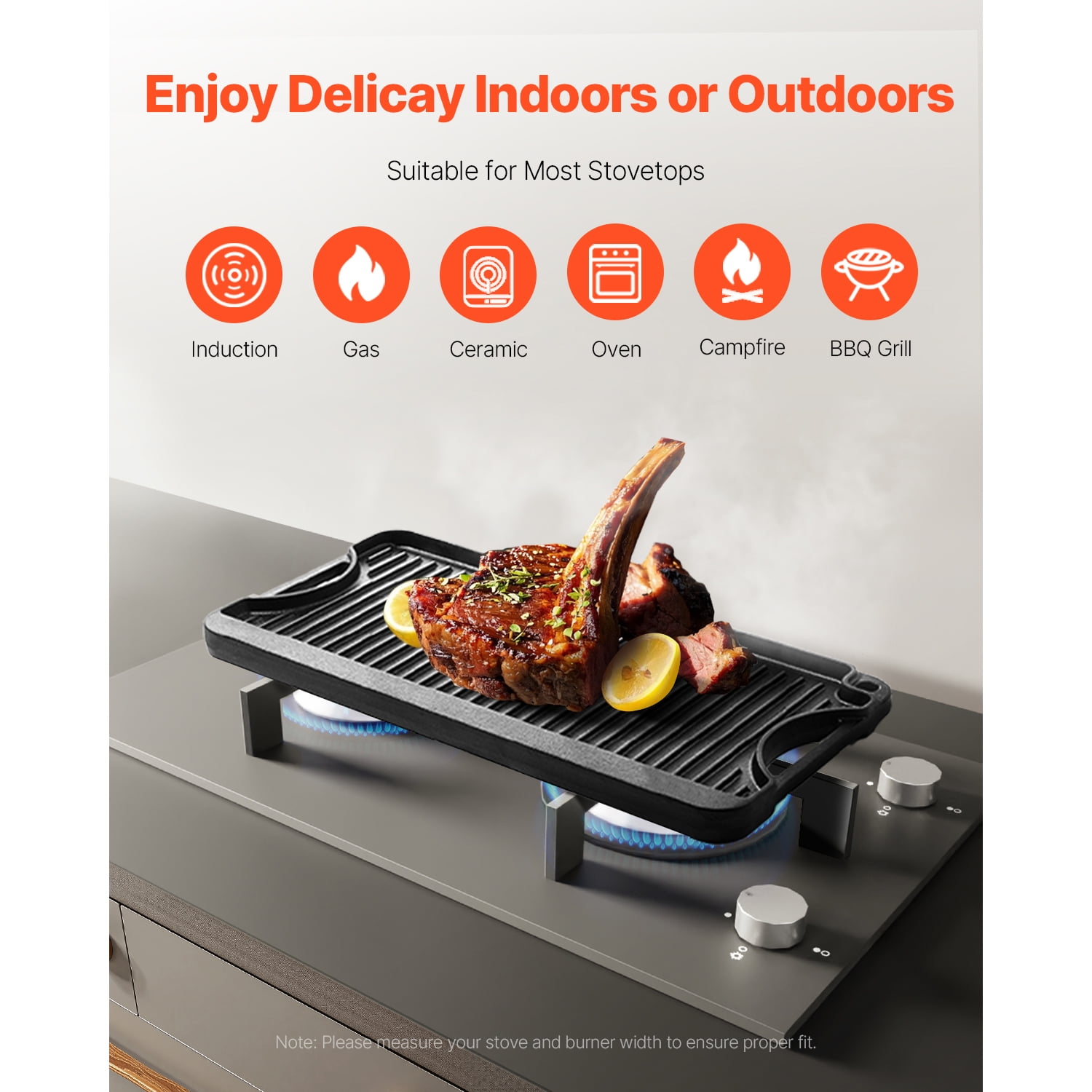 KFFKFF Switchable Grill/Griddle, Cast Iron Material, 20x10 inch, Pre-Treated, Compact Rectangular Design with Handle, Suitable for Indoor/Outdoor Cooking, Stove Top Burner, Gas, Camping BBQ, Black