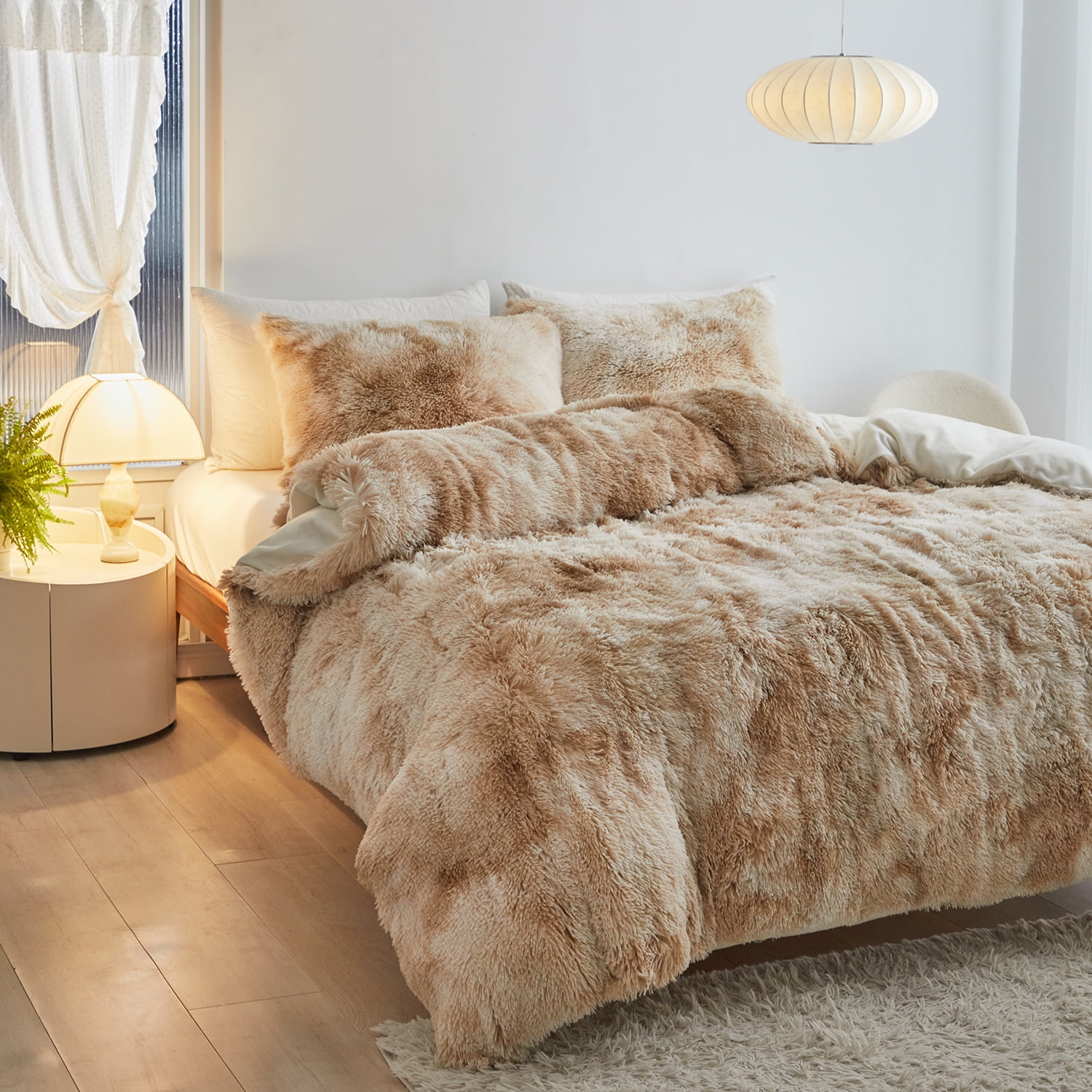 Wajade Plush Duvet Cover Set Fluffy Fuzzy Comforter Cover Set (1 Duvet Cover + 2 Pillow Shams) Full Size,Camel Tie-dyed