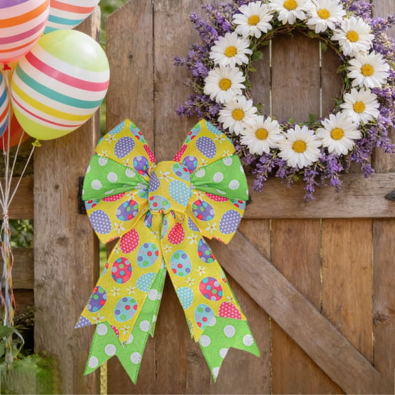 AYktou Large Easter Wreath Bows for Front Door, 8.2×12.5 Inch Easter Eggs Ribbon Tree Topper Bows Holiday Spring Bowknot Hanging Ornaments Indoor Outdoor Wall Easter Decor Birthday Party Supply