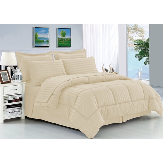 Mocassi Wrinkle Resistant - Silky Soft Dobby Stripe Bed-in-a-Bag 8-Piece Comforter Set --HypoAllergenic - Full/Queen, Ivory