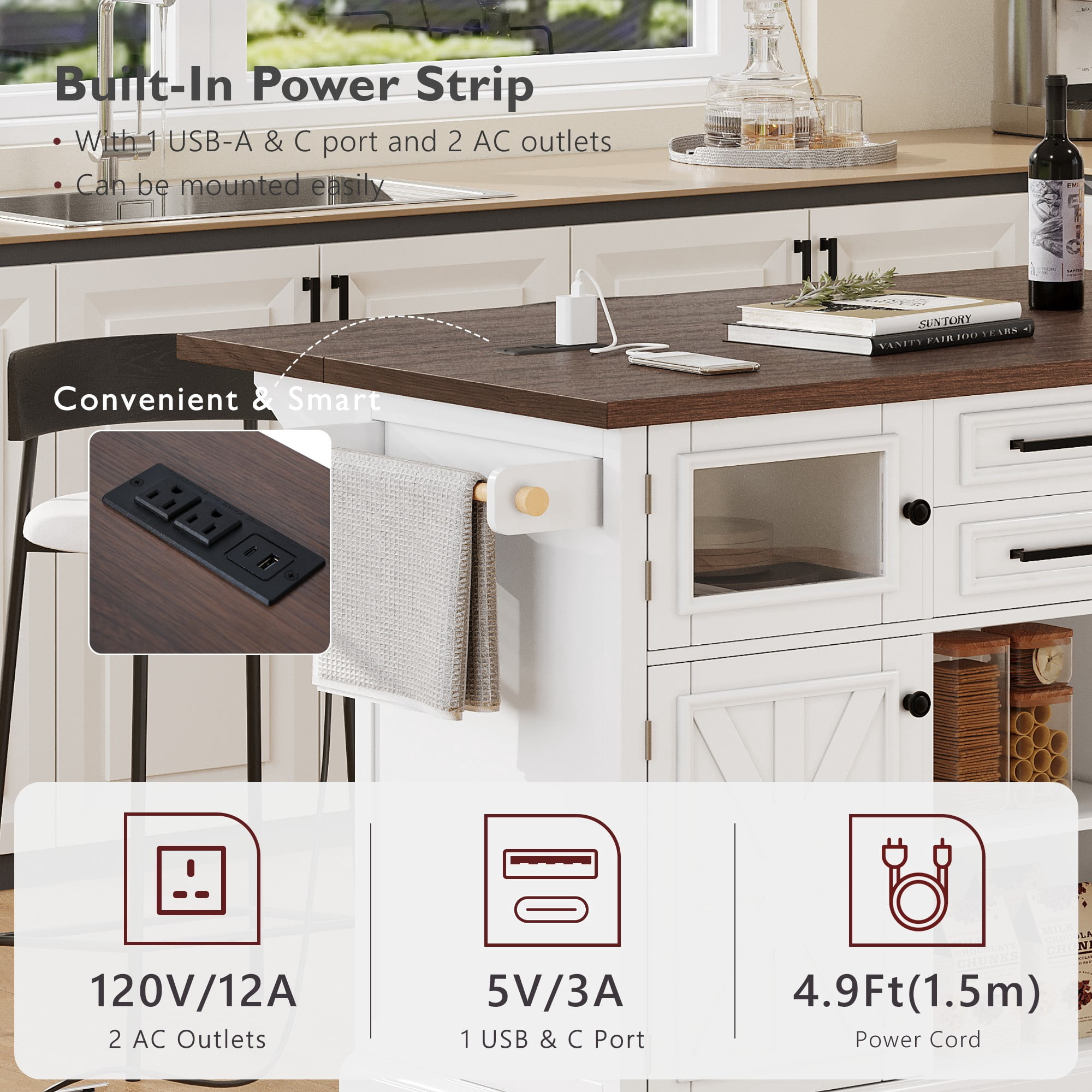 54.9" Kitchen Island on Wheels with Drop Leaf, Power Outlet, 4 Door Shelves, Cross Barn Doors & Visual Glass Door