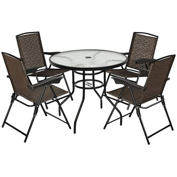 Costway 5PCS Bistro Patio Furniture Set 4 Folding Adjustable Chairs Glass Table W/Hole