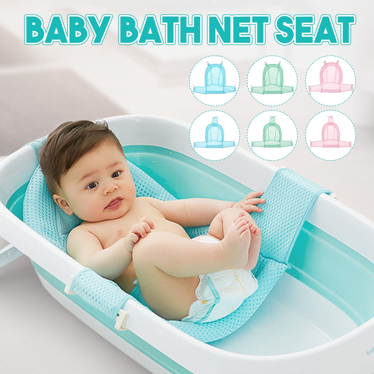 Newborn Bath Cushion Seat Support Net Bathing Mat,Anti-Slip Soft Comfort Mesh Shower Lounger Basin Pad W/Sling & Pillow,for Infant to Toddler 0-12 Months Blue Baby Bathtub Seat for Sit-up Bathing 