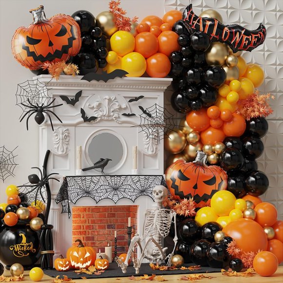 Kit de Guirlande de Ballons de Récolte d'Automne - Ensemble de 147 Arches de Citrouille en Orange Brûlé, Noir, Jaune Citron & Or - Fournitures de Décoration de Fête de l'Action de Grâce