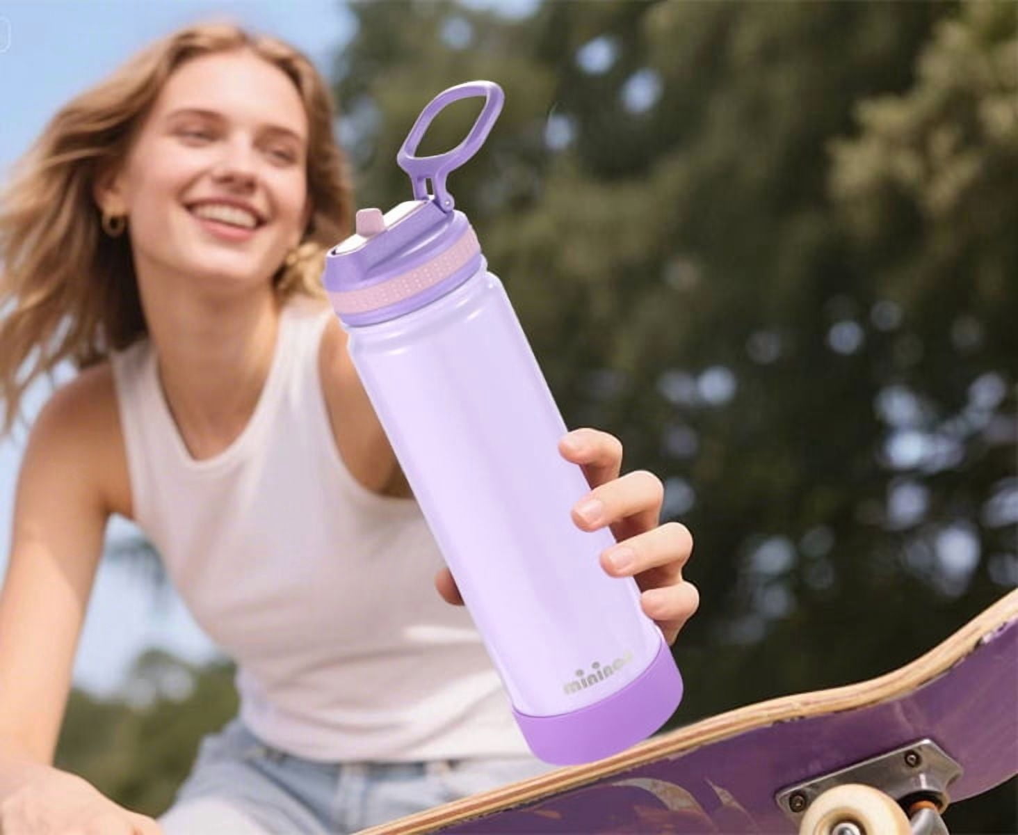 Mininoo 24 oz Insulated Stainless Steel Water Bottle with Straw Lid, Ceramic-Lined, BPA-Free, Sparkling Lavender