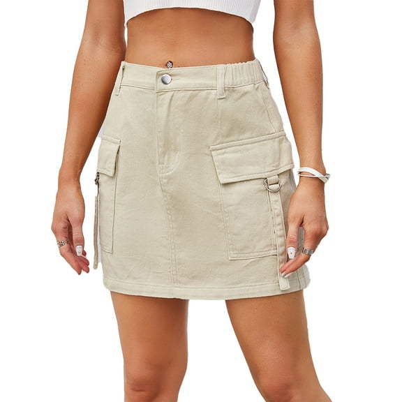 Chenyin Women's Cargo Denim Skirt Washed Casual Mini Skirt Spring Summer High Waist Jeans Skorts Skirt for Womens S-2XL