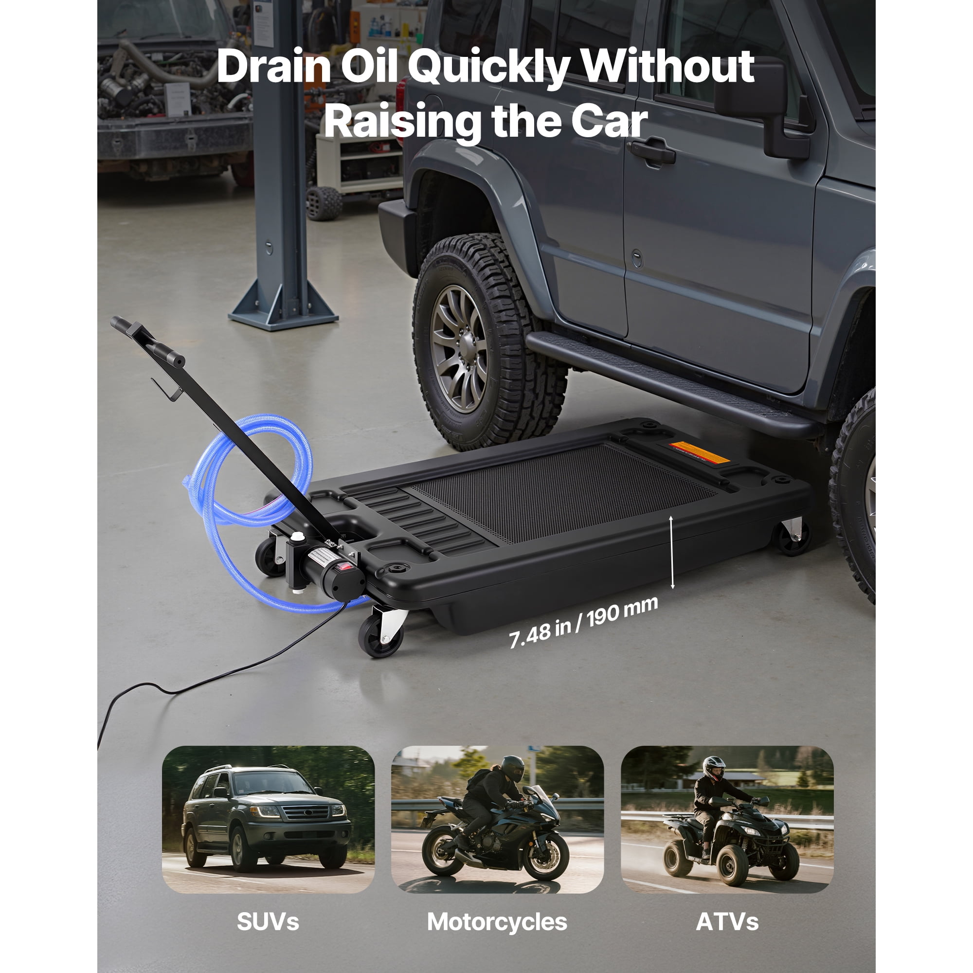 KFFKFF 17-Gallon Low Profile Oil Drain Pan with Electric Pump, Rolling Design, 7.2 ft Hose & T Folding Handle, Durable and Leak-Resistant, Suitable for Cars, SUVs, Trucks, and ATVs, Black