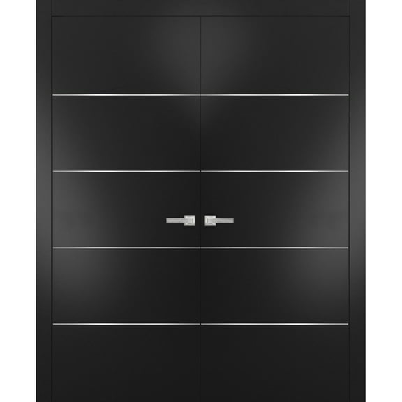 Solid French Double Doors | Planum 0020 Matte Black | Wood Solid Panel Frame Trims | Closet Bedroom Sturdy Doors -36" x 84" (2* 18x84)