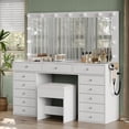 thumbnail image 2 of FUSOU 13 Drawers Vanity Desk, Makeup Vanity with Power Outlet, Vanity Table with Mirror and LED Bulbs, 3 Color Lighting Modes, Glass Top, Dressing Table for Bedroom, 2 of 9