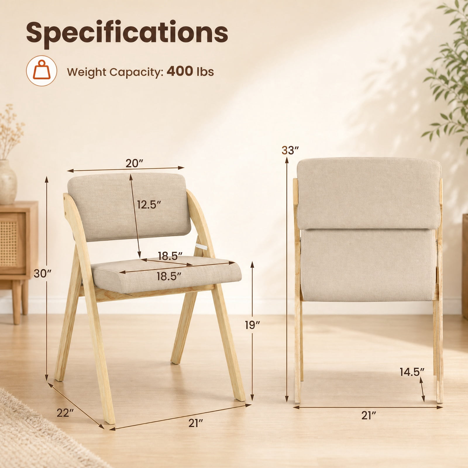 Furnibear Folding Kitchen Dining Chairs Set of 2 with Padded Seat and Rubber Wood Legs for Home