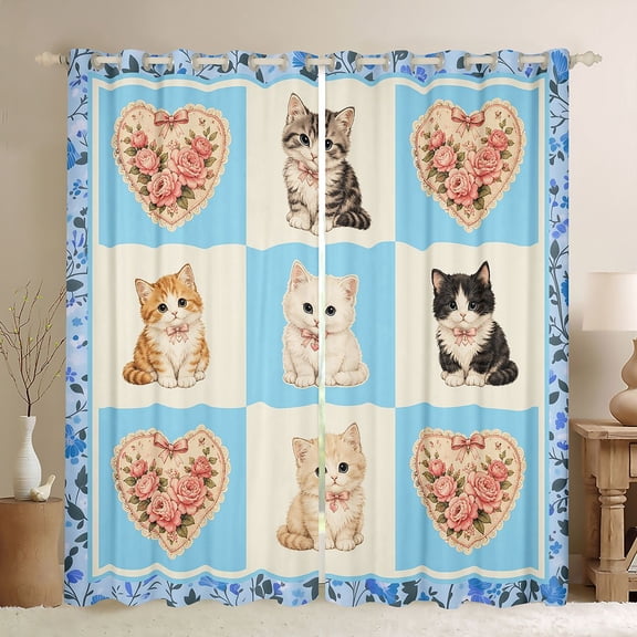 Homewish Blue Pet Cat Plaid Kitchen Curtains,Lovely Floral Black Out Curtains Pack of 2 (42x63 Each)