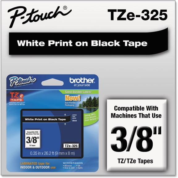Brother Genuine P-Touch TZE-325 Tape, 3/8" (0.35") Wide Standard Laminated Tape, White on Black, Laminated for Indoor or Outdoor Use, Water-Resistant, 0.35" x 26.2' (9mm x 8M), Single-Pack, TZE325