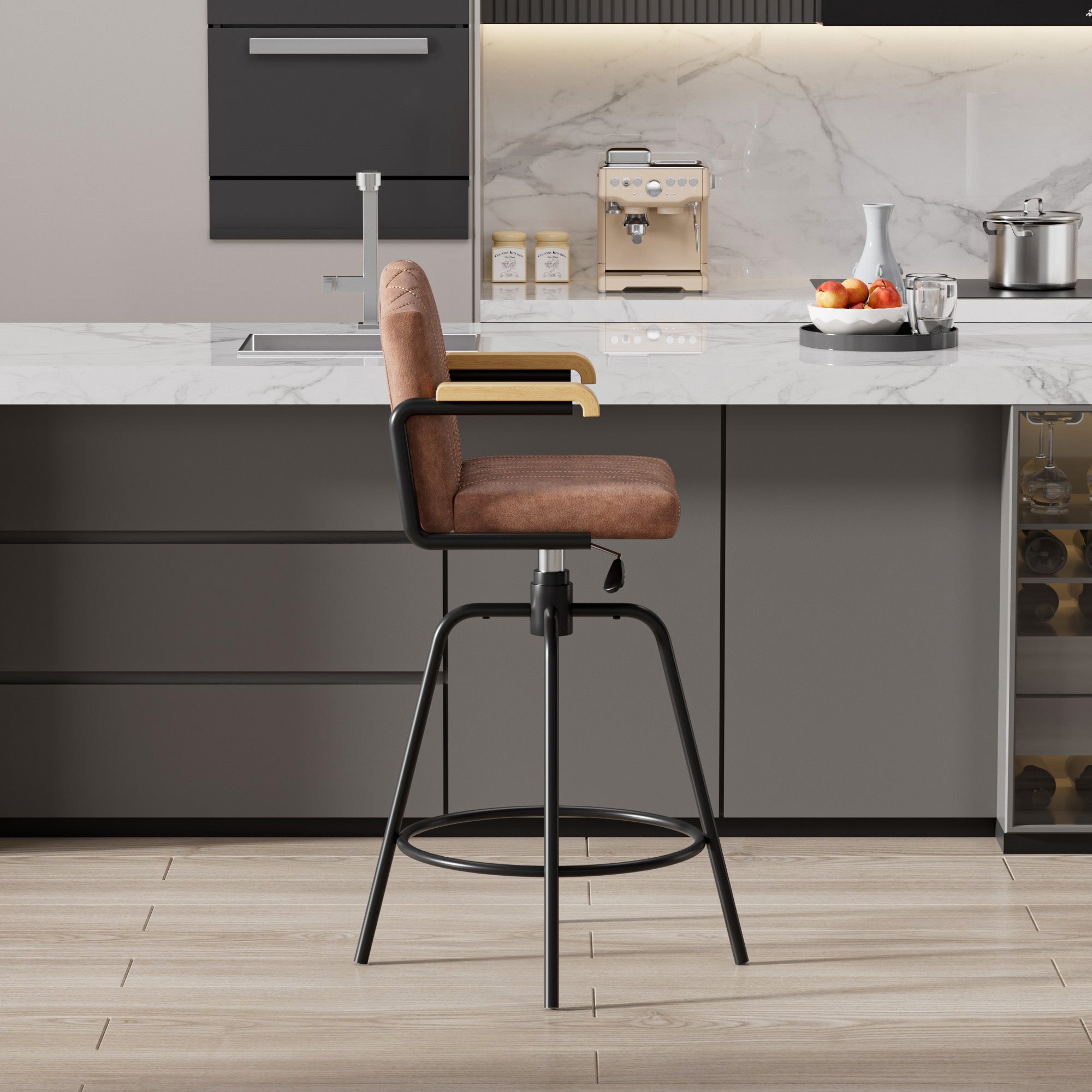 VECELO Swivel Bar Stools Set of 2 with Back and Armrest, Counter Height, Velvet Upholstered Bar Chairs for Kitchen Island & Home, Brown