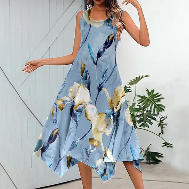 WILLBEST Vestidos de Lino para Mujer, Vestido Informal de Verano con Estampado Floral, sin Mangas, con Dobladillo de Pañuelo, Maxivestido sin Mangas con Bolsillos, Vestido de Playa Extra Grande
