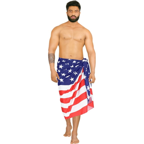 HAPPY BAY Men's Patriotic 4th of July American USA Flag Swimwear Summer Sarong Swim Trunk Long Pareo Beach Wrap for Men One Size Pearl, Stars and Stripes For Dad