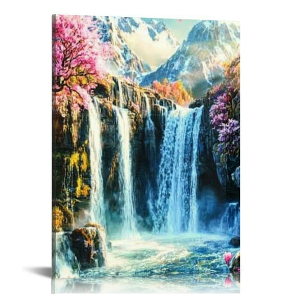 BCIIG Waterfall Flowers Trees Art Canvas Prints Wall Decor 12x16 in