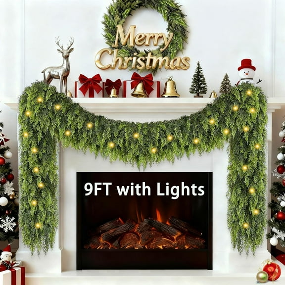 9FT Cedar Garland with Lights, Prelit Christmas Garland Artificial Realistic, Real Touch Pine Christmas Garland for Mantle Stairs Outdoor Decoration, Battery Operated Faux Greenery Garlands