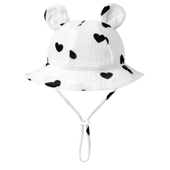 CHUMUD Baby Sun Hat, Infant Bucket Hat with Bear Ears, Cotton Muslin Toddler Beach Hat with Chin Strap, 0-12 Months