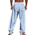 thumbnail image 4 of Oversized Linen Trendy Elastic High Waist Straight Pants for Men Summer Casual Drawstring Beach Vacation Pant Blue 3XL, 4 of 4