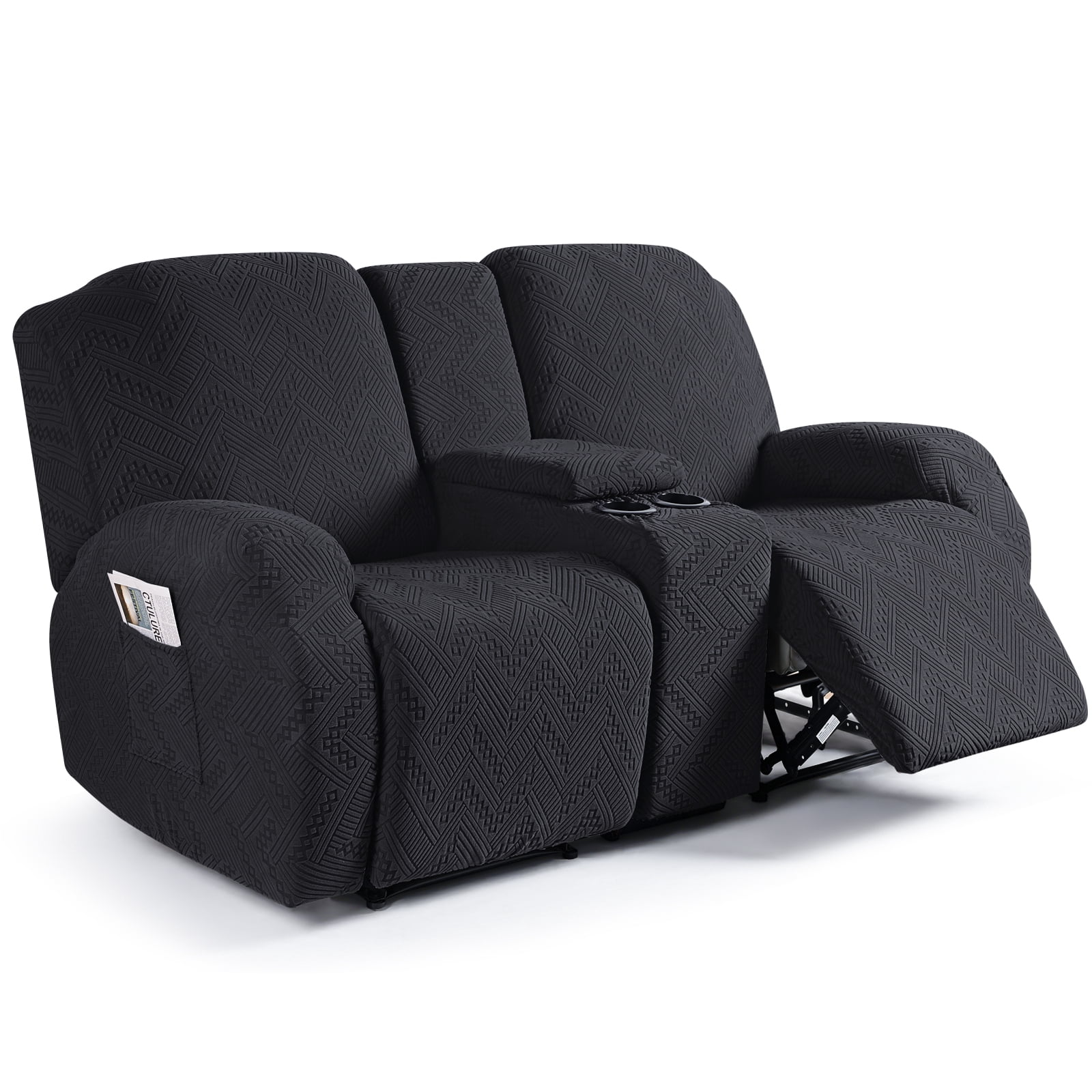 TAOCOCO Recliner Sofa Slipcovers with Console, 4 Pieces Jacquard Reclining Couch Cover for Loveseat Sofa Home Decor Protector,Black