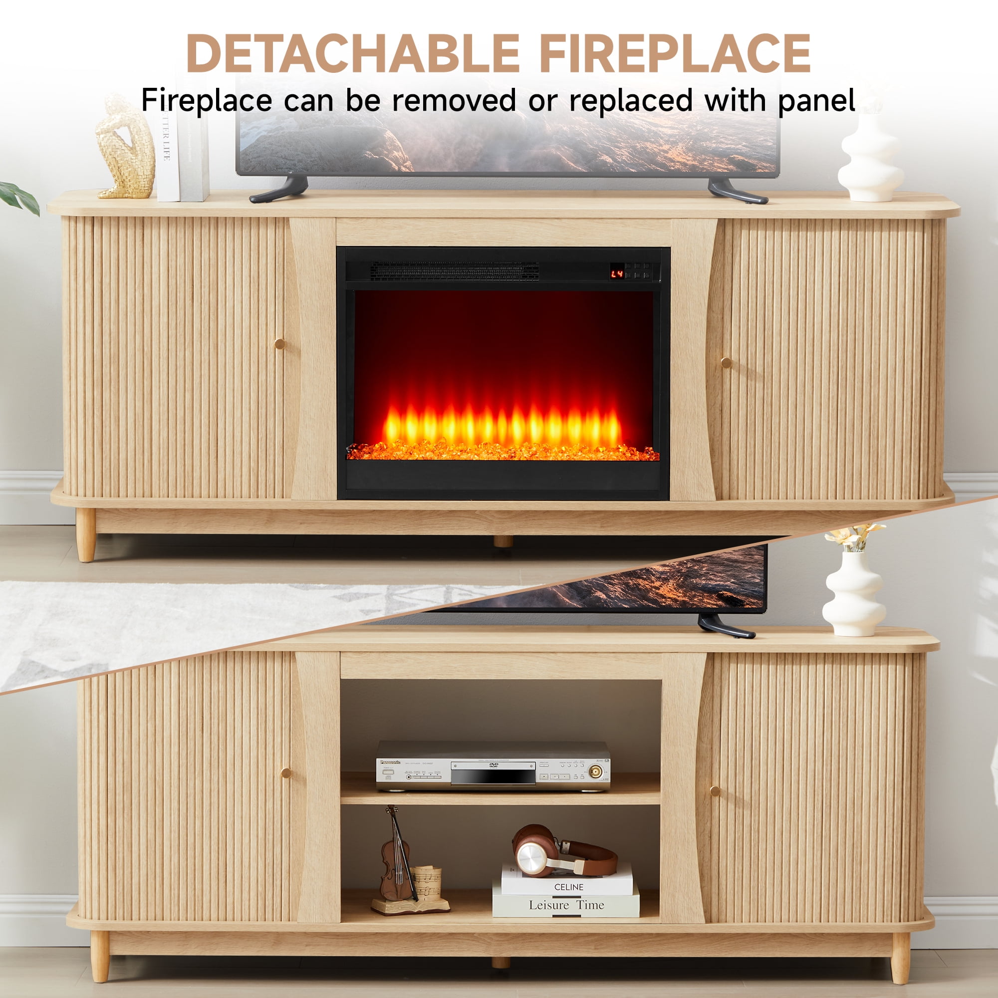 Weselon Modern Curved 63" Fireplace TV Stand with 24" Electric Fireplace for TVs Up to 60", Entertainment Center with Storage Drawer and Open Shelves,Oak