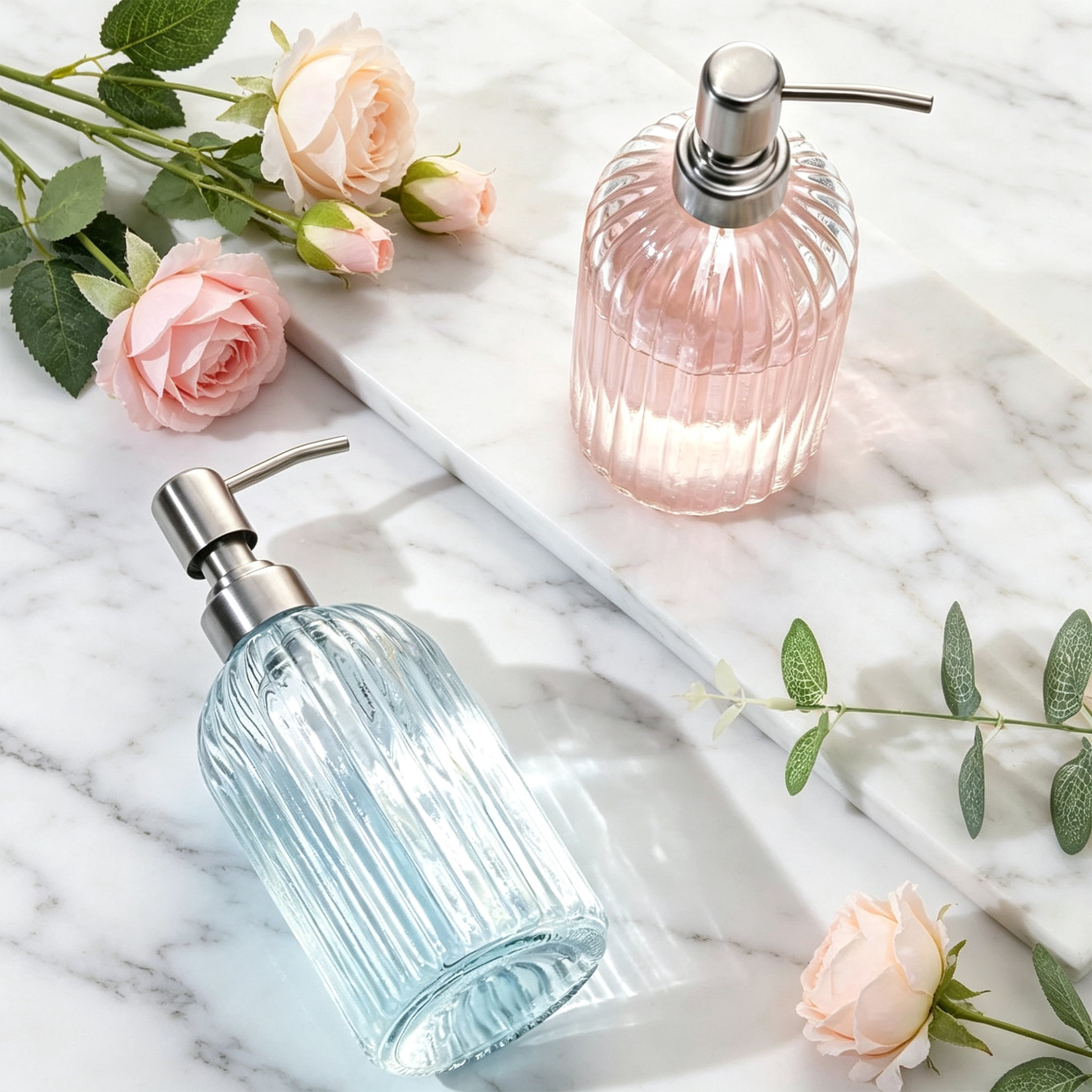 HOQBN 2 Pack Glass Soap Dispenser, Refillable Hand Soap & Dish Soap Dispenser with Stainless Steel Pump & Wooden Tag for Bathroom Kitchen