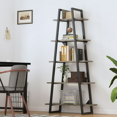 Whizmax Bookshelf 5 Tier Industrial Wood, Tall Open Rustic Etagere Bookcase Ladder, Standing Display Shelves for Home Living Room Bedroom Office Storage, Rustic Oak